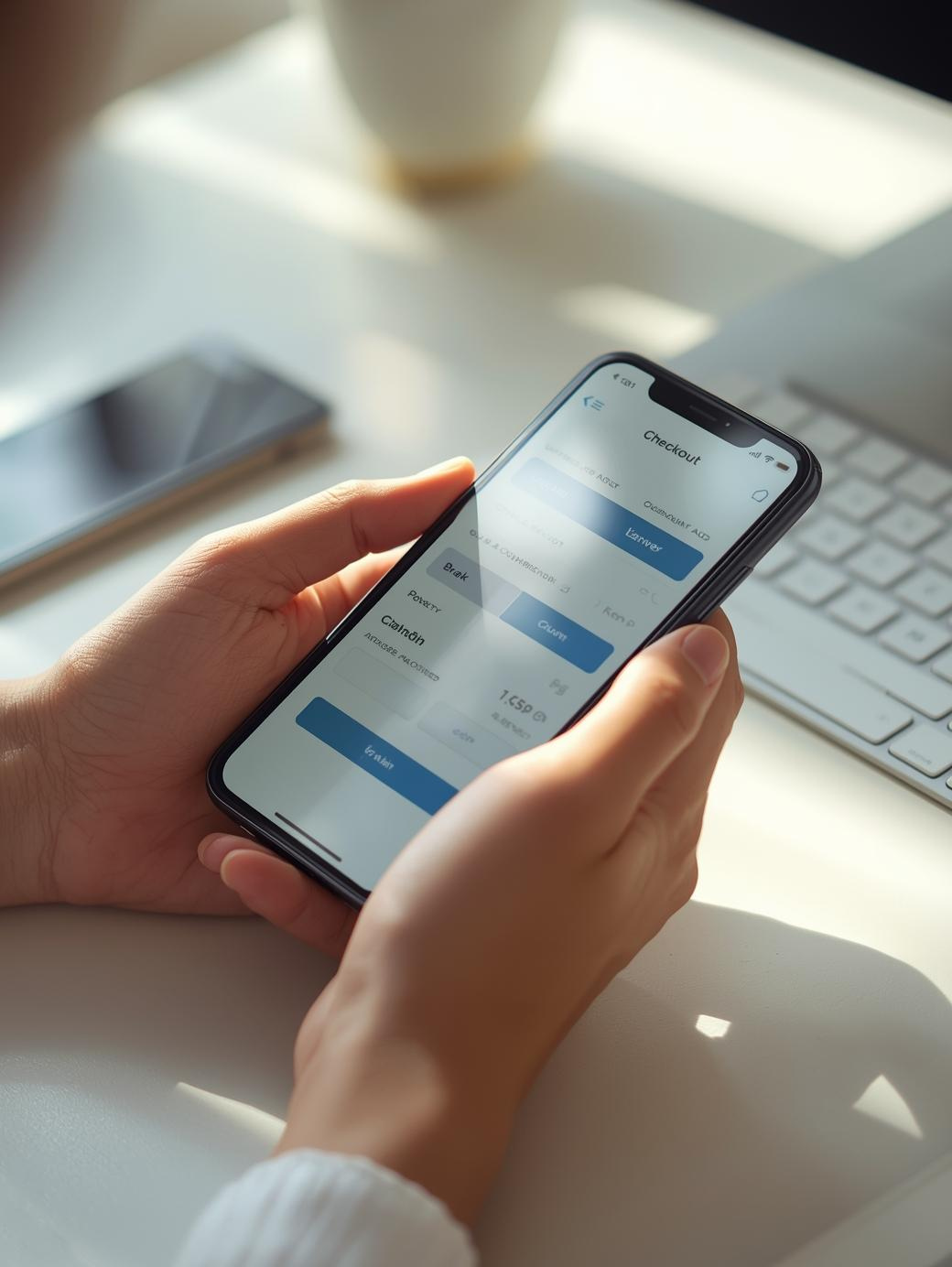 Checkout screen on phone and card in hand